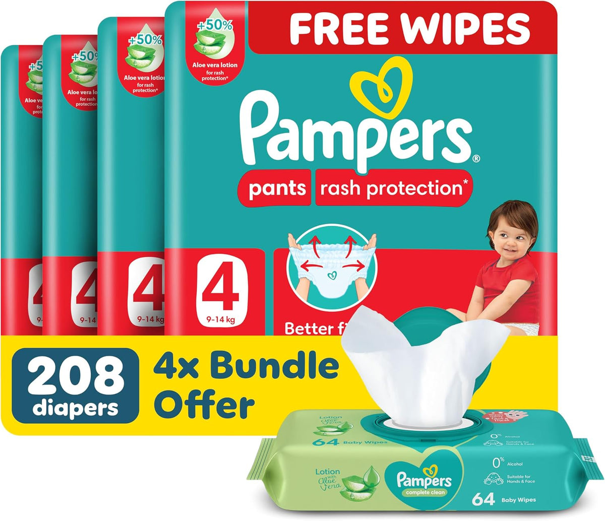Pampers Rash Protection Pants Diapers, Size 4, 9-14kg 208 Count + Baby Wipes, with Aloe Vera Lotion, 64 Wipe Count
