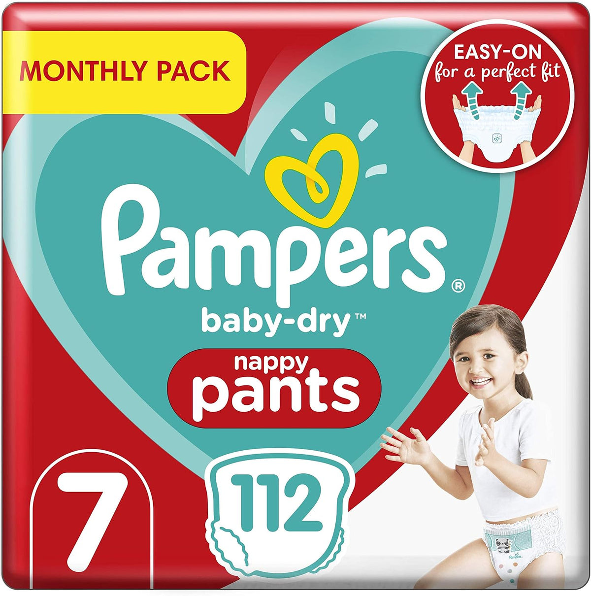 Pampers Baby Nappy Pants Size 7 (17+ kg/37 Lb), Baby-Dry, 112 Nappies, MONTHLY SAVINGS PACK, With A Stop & Protect Pocket To Help Prevent Leaks At The Back