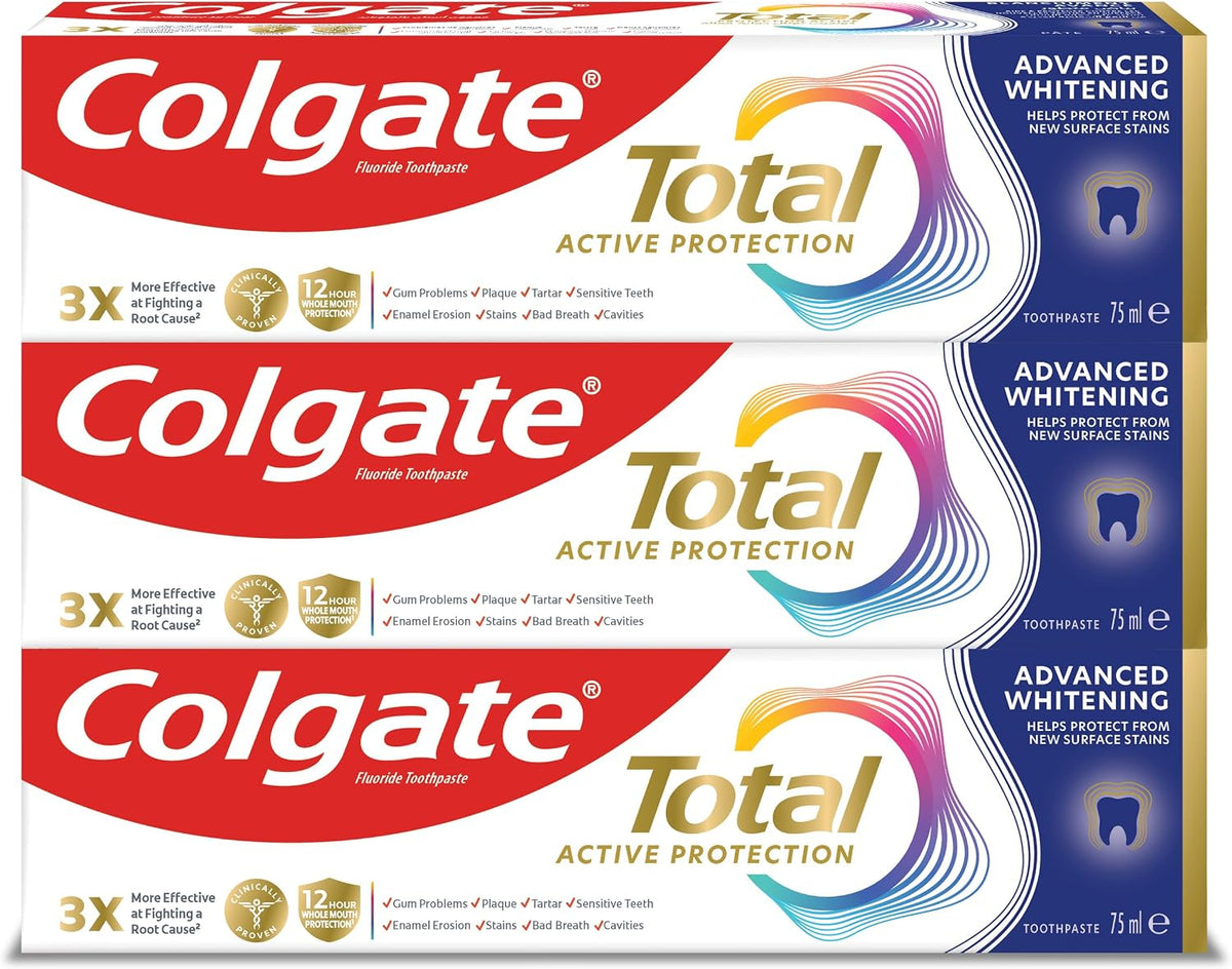 Colgate Total Active Prevention, toothpaste, Advanced Whitening, Helps prevent new surface stains, 3x75ml (Packaging may vary) — front product image