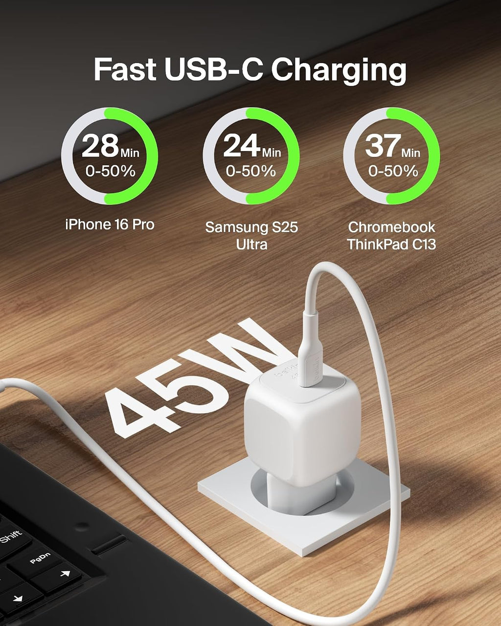 Belkin Compact USB Charger (45W) USB-C Power Delivery Fast Charging for Apple iPhone 16, 16 Plus, 16 Pro, 16 Pro Max, iPhone 15 Series, Samsung Galaxy S25, iPad, AirPods etc. - White