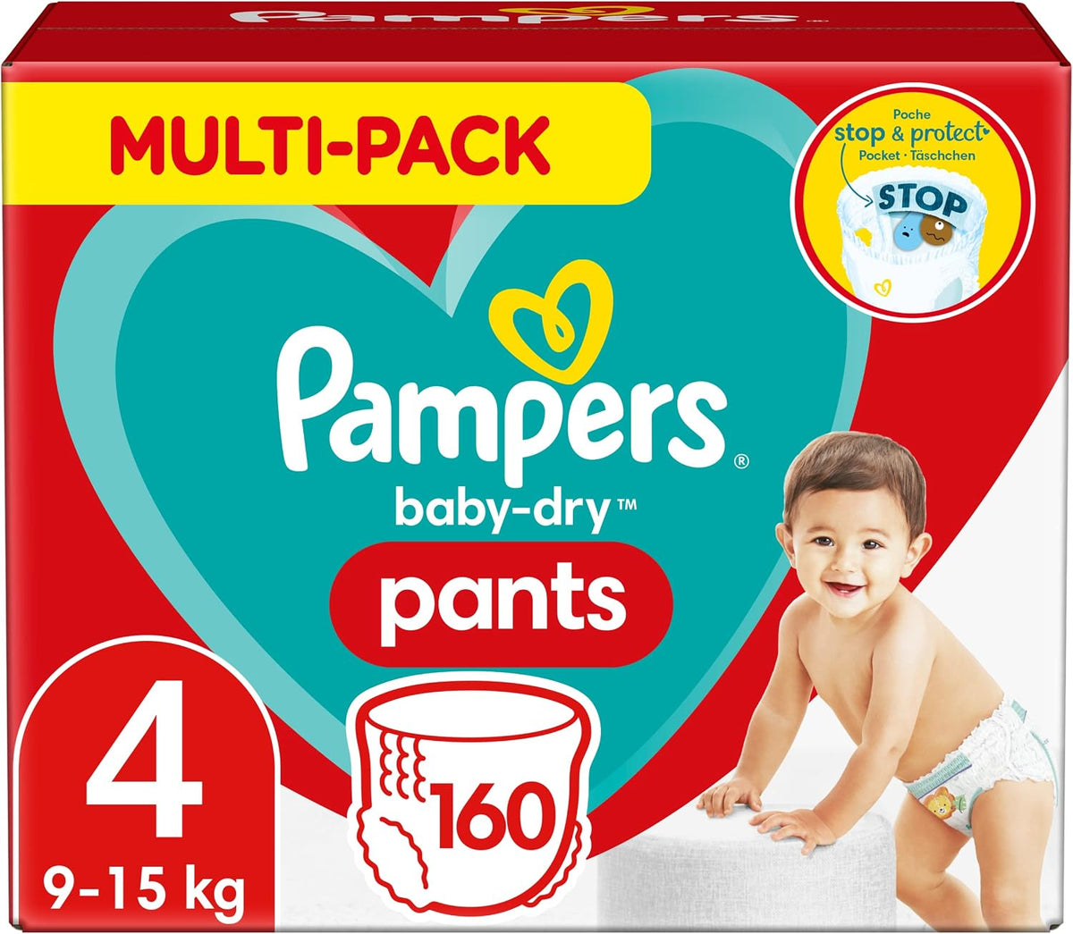Pampers Windeln Pants Größe 4 (9-15kg) Baby-Dry, Maxi, 160 Höschenwindeln mit Stop- und Schutz Täschchen, MONATSBOX