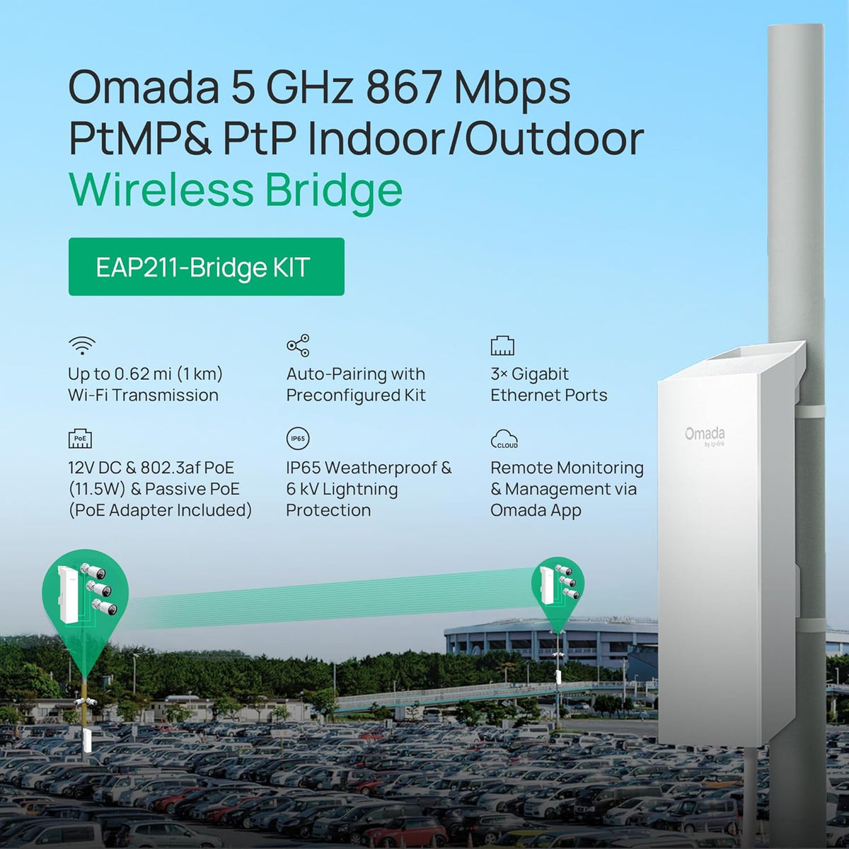 TP-Link Omada EAP211-Bridge KIT | 5 GHz 867 Mbps Point to Point Wireless Bridge | Indoor/Outdoor Long Range Access Point, 0.6 Mile| Mesh, MU-MIMO | SDN Integrated | Cloud Access & Omada App