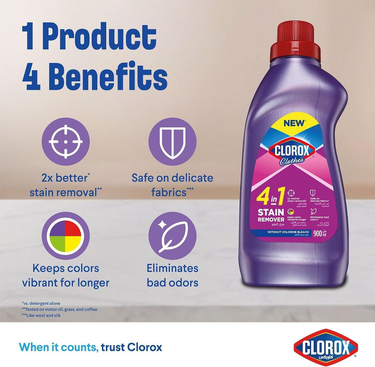 Clorox for Clothes 4in1 Stain Remover, 900ml, Clorox For Colored Clothes Without Chlorine Bleach, Safe on Delicate Fabrics — additional view 3