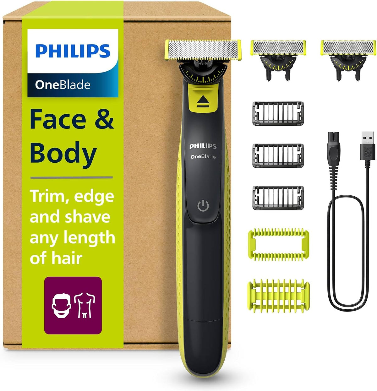 Philips OneBlade 360 Face & Body Electric Beard Trimmer, Razor and Body Groomer for Trimming, Styling and Razors, 3 x 360 Blades, 3 x Trimming Attachments (1.3.5 mm), 2 x Body Attachments, QP2824/31 — Black