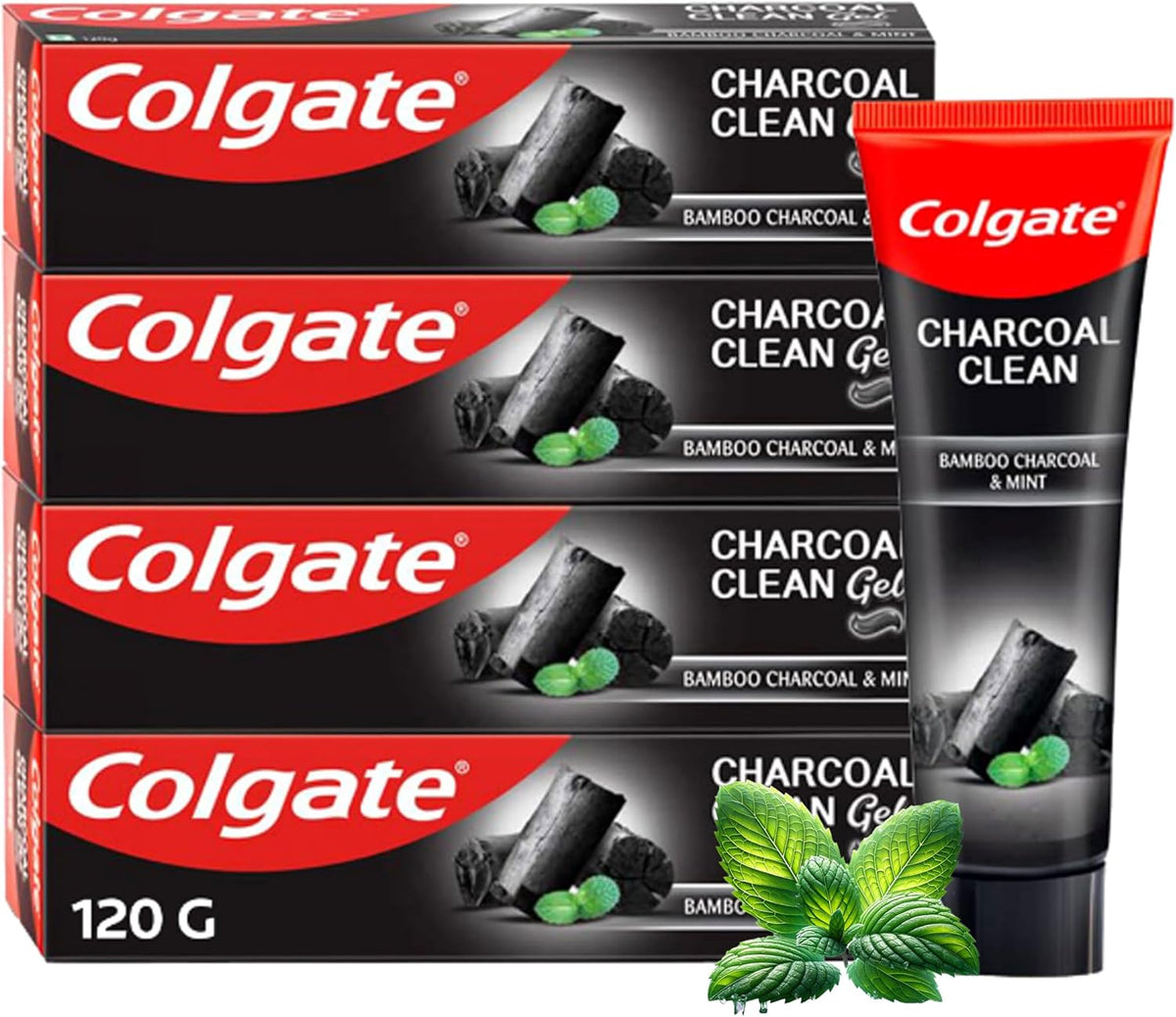 Colgate Charcoal Clean Black Gel Toothpaste, Combo Pack of 480g (120g x4) Deep Clean Tooth paste With Bamboo Charcoal & Wintergreen Mint For Plaque Removal & Tingling Fresh Mouth Experience — front product image
