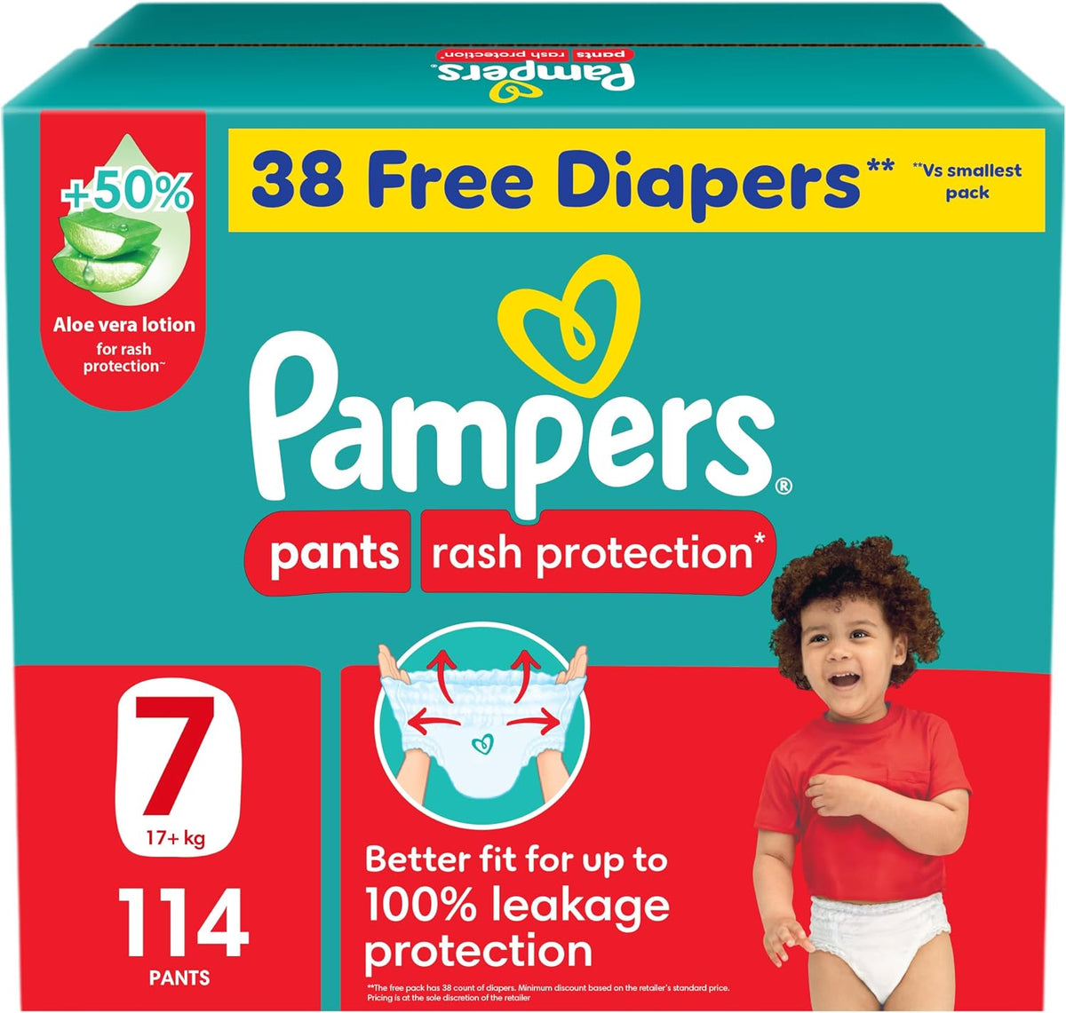 Pampers Rash Protection Pants Diapers, Size 7, 17+kg, +50% Aloe Vera Lotion, 360° Leak-Free Fit for up to 100% Leakage Protection, Super Saver Box, 38 Free Diapers, 114 Count