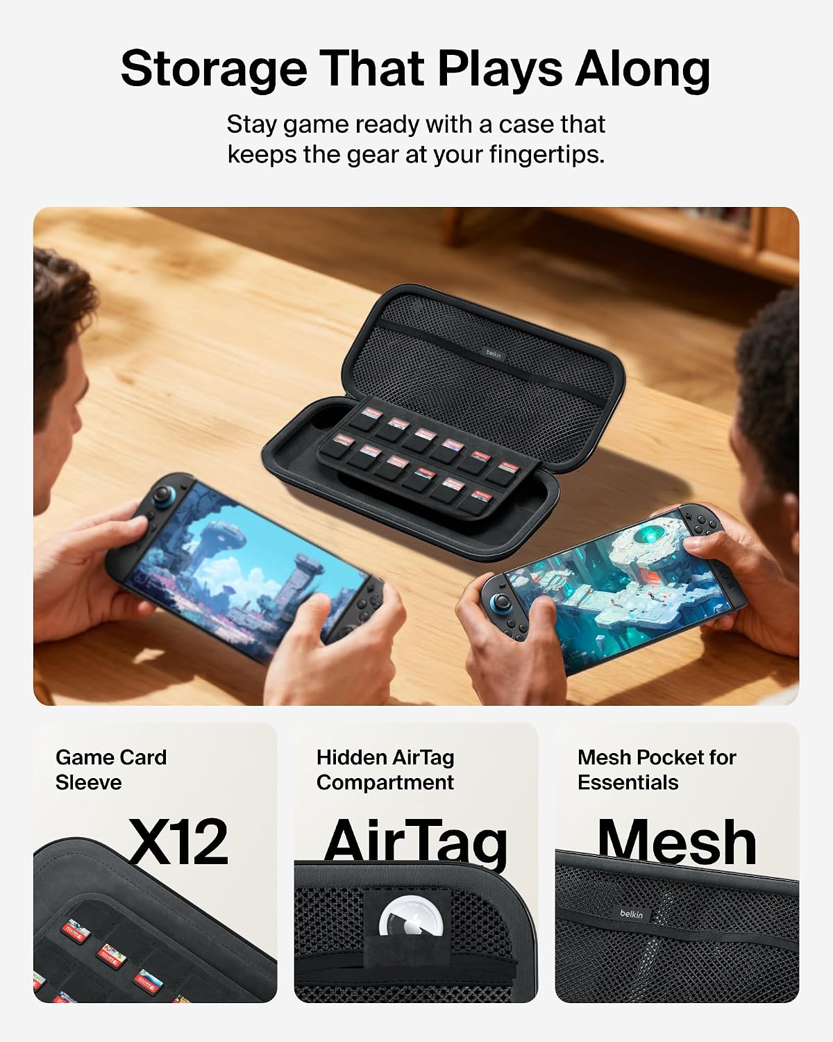 Belkin Gaming Nintendo Switch Case Travel Bag with AirTag Holder & Game Card Storage Pocket - Portable Lightweight Carrying Case with Hard Shell & Soft Interior