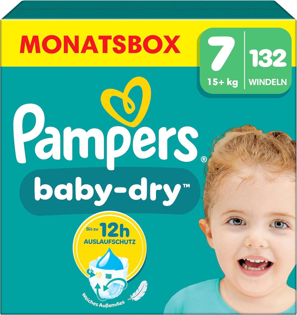 Pampers Nappies Size 7 (15 kg+) Baby-Dry, Extra Large, Monthly Box, Up to 12 Hours All-Round Leak Protection, (Pack of 132)