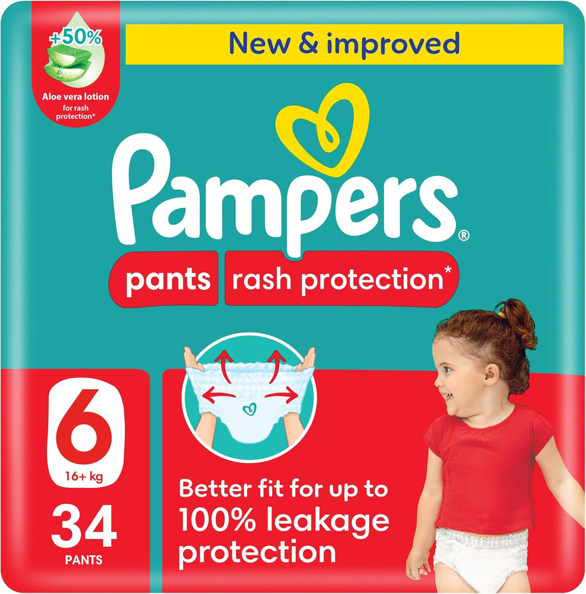 Pampers Rash Protection Pants Diapers, Size 6, 16-21kg, +50% Aloe Vera Lotion, 360° Leak-Free Fit for up to 100% Leakage Protection, Mega Pack, 34 Count