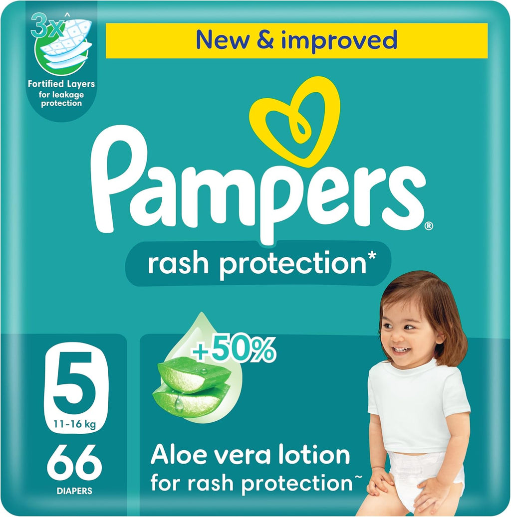 Pampers Rash Protection Aloe Taped Diapers Size 5, 11-16kg Jumbo 66 Count