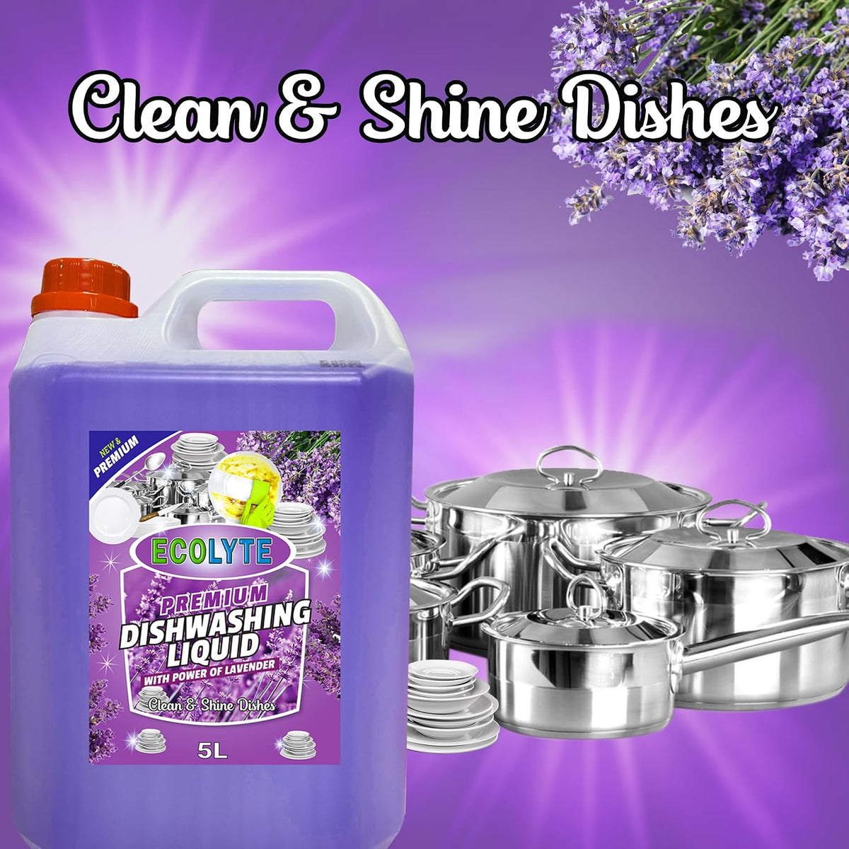 ECOLYTE+ Dishwashing Liquid Soap, Platinum Antibacterial Detergent & Perfect Shine (Lavender, 5 Liter) — additional view 5