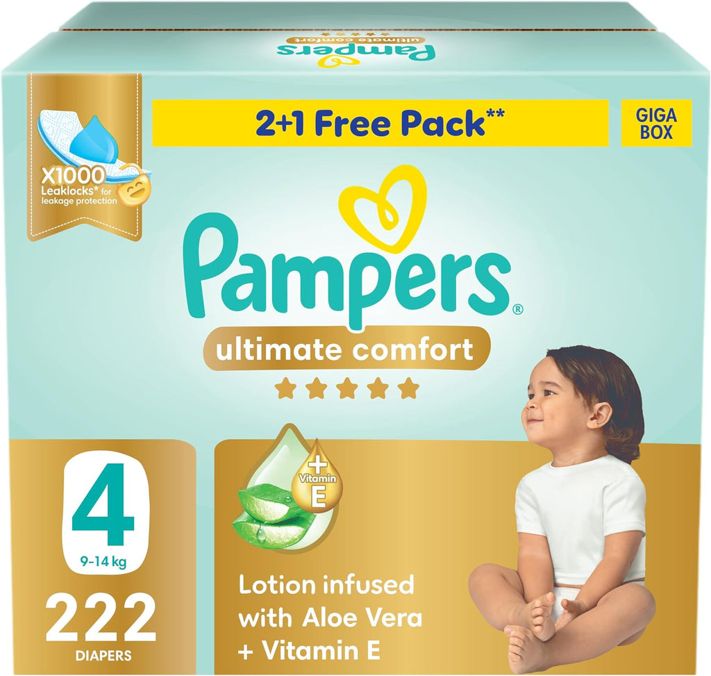 Pampers Ultimate Comfort Premium Taped Diapers 9-14kg Size 4 Box 222 Count