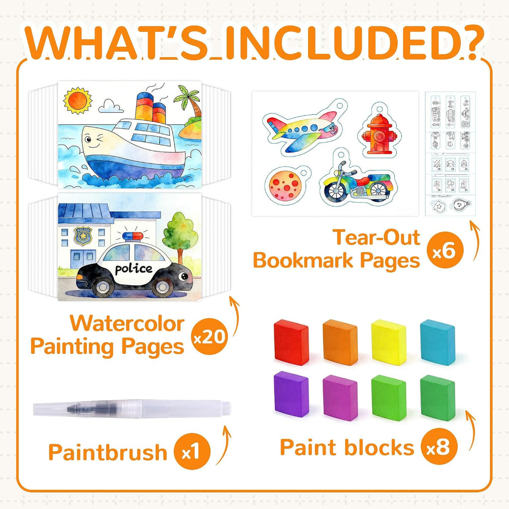 YPLUS Watercolour Activity Book with 8 Paint Colours — Vehicles
