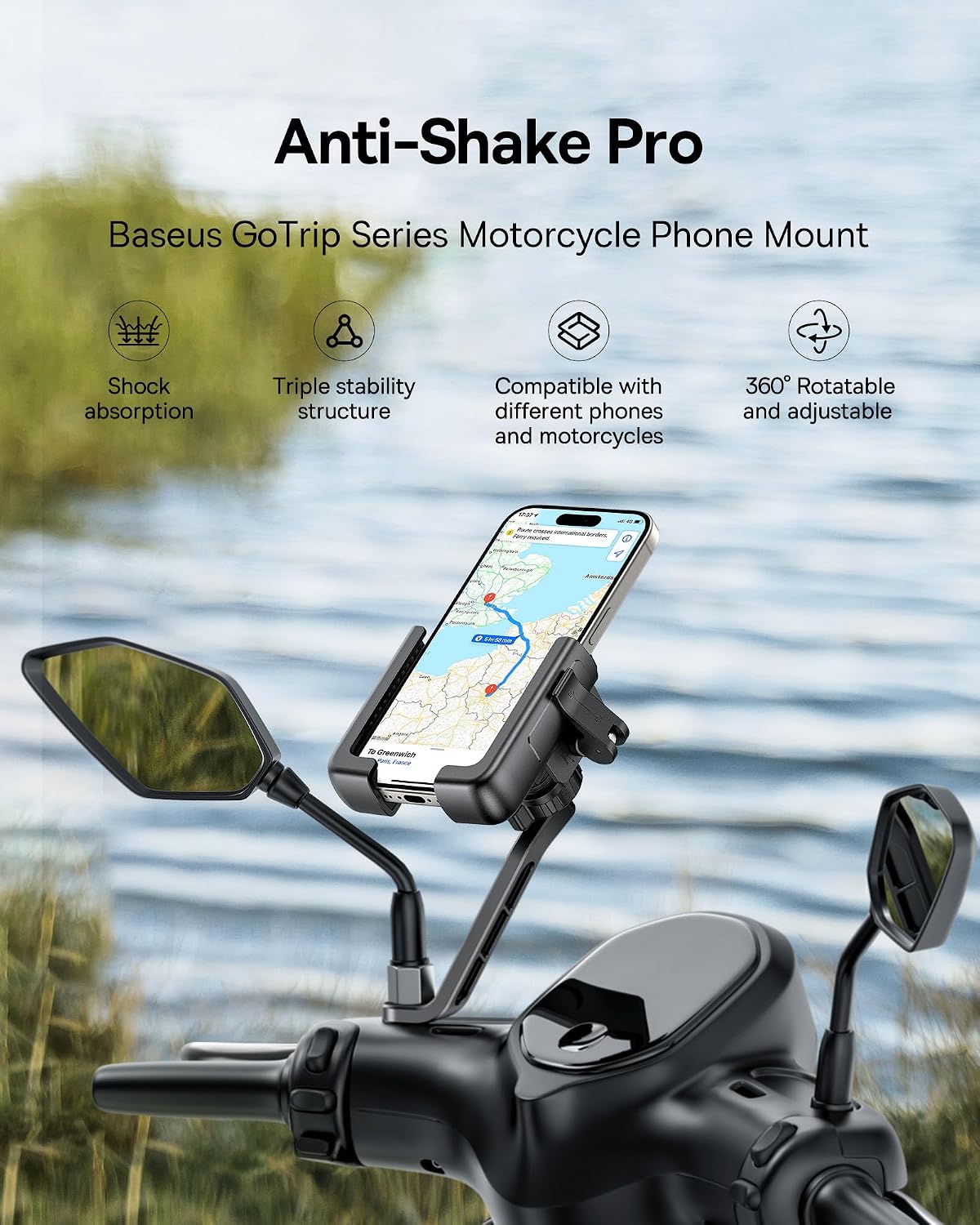 Baseus GoTrip Series Motorcycle & Bike Phone Mount , Universal 8-Claw Anti-Shake Smartphone Holder , 360° Rotatable, One-Hand Auto Clamp , Fits 5.7"-7.2" Phones