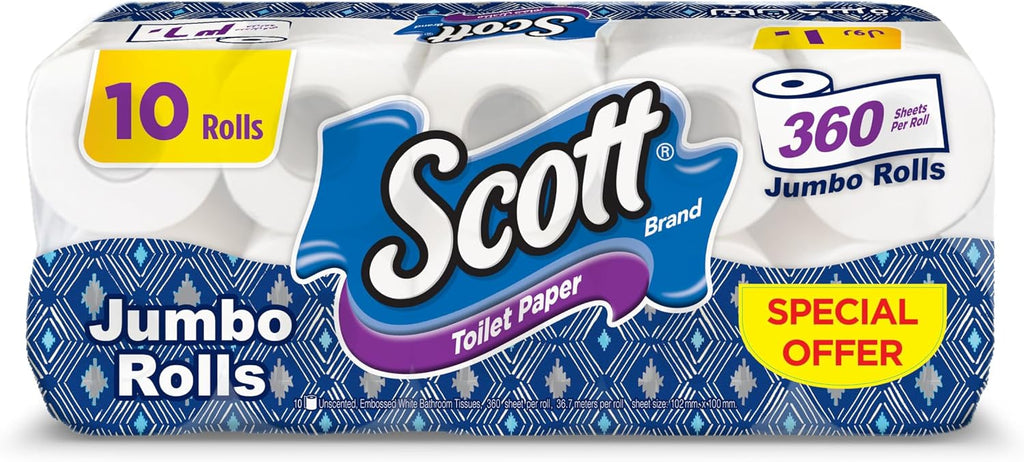 Scott Embossed White Toilet Paper, Jumbo Roll, 2ply 360 Sheets, 10 Rolls — front product image