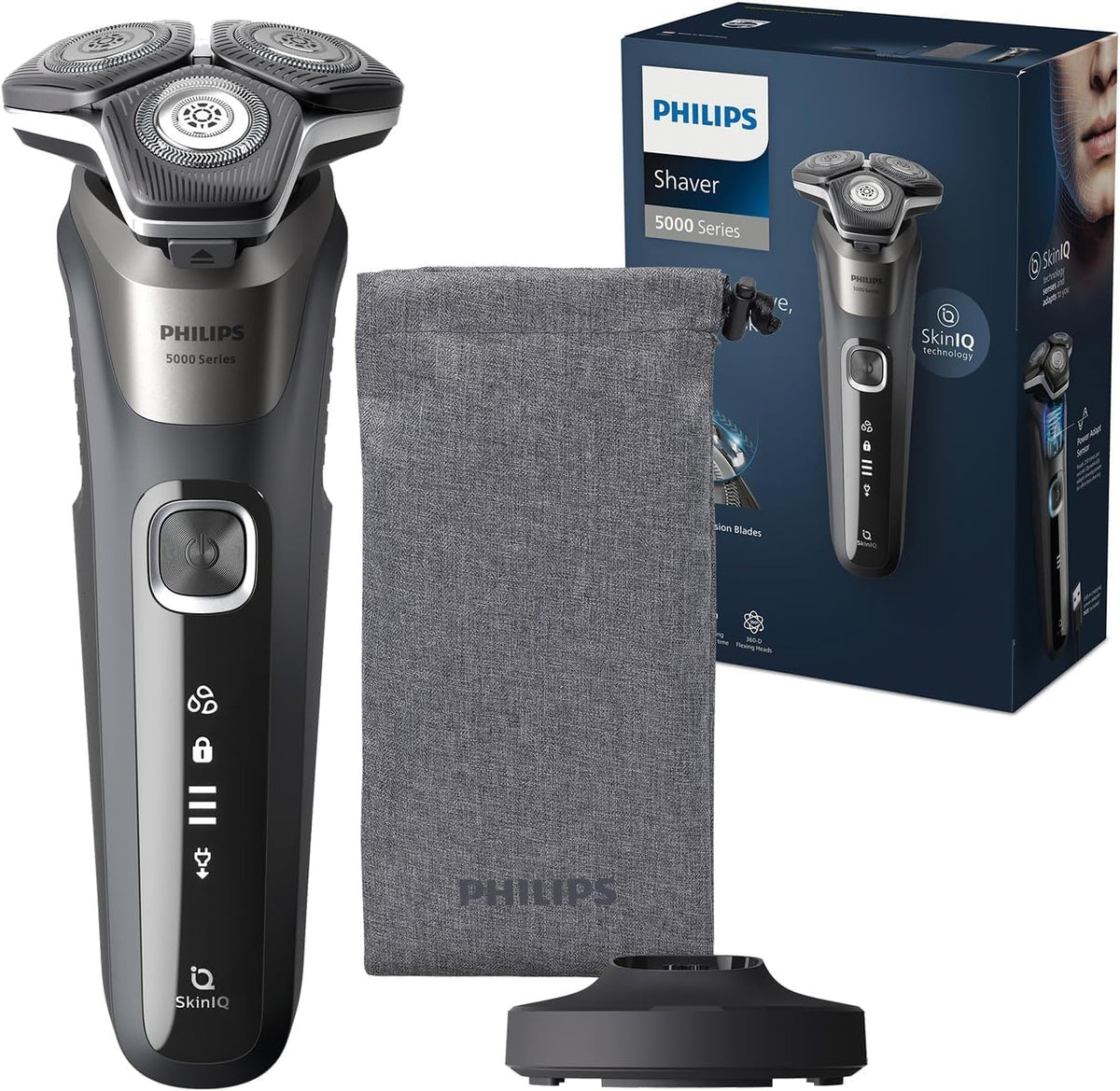 Philips Shaver Series 5000 - Wet & Dry Electric Shaver in Carbon Grey with 1 x Integrated Pop-up Trimmer, Soft Pouch, Protective Cap and Charging Stand (Model S5887/13) — Carbon Grey