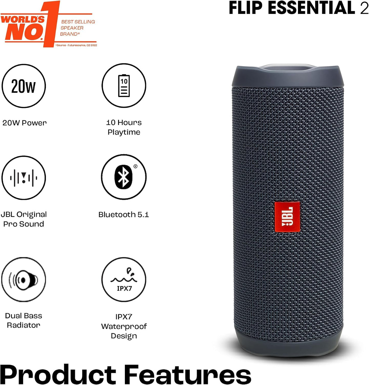 JBL Flip Essential 2 Portable Bluetooth Speaker — Black