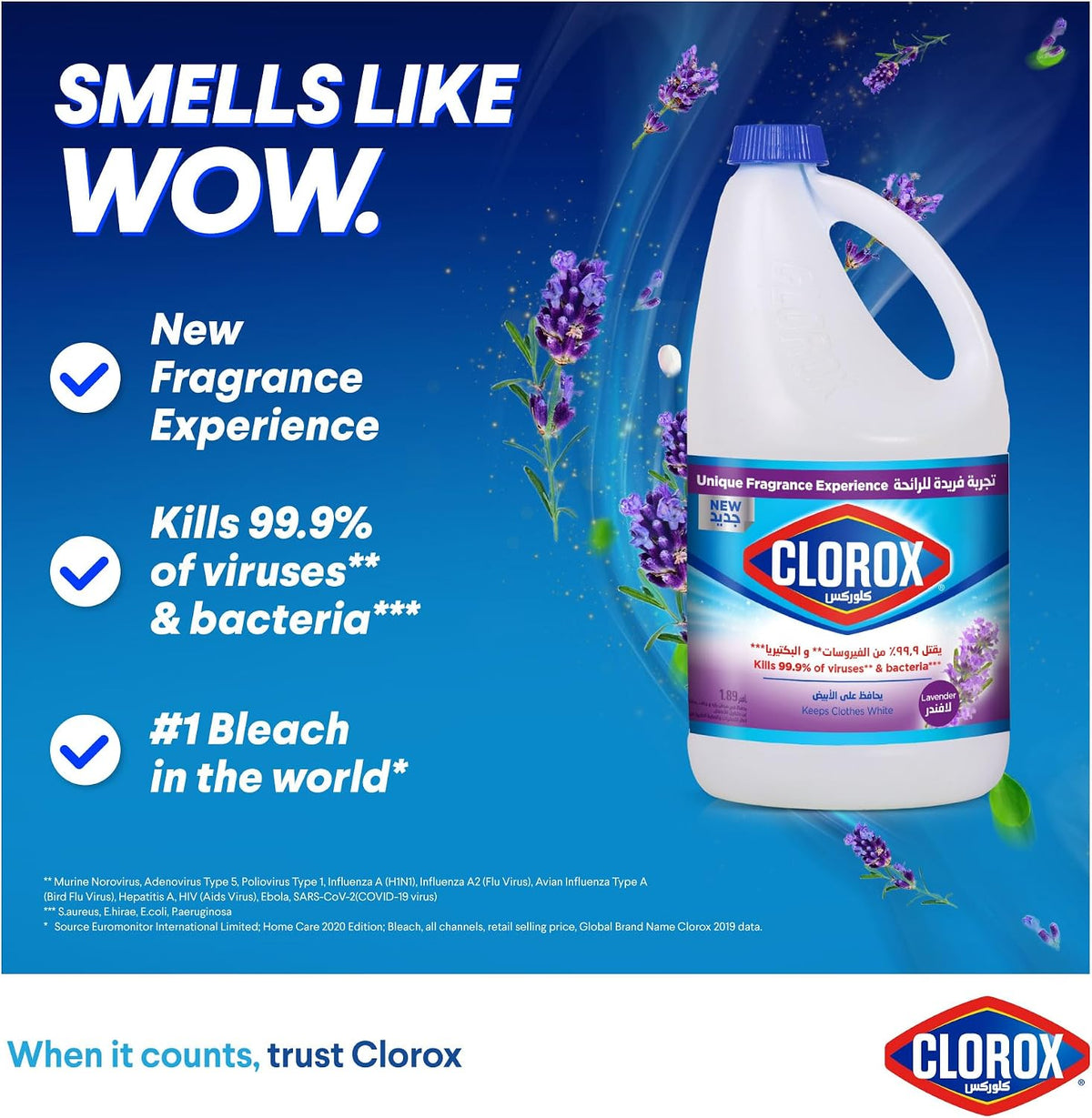Clorox Liquid Bleach 1.89L, Lavender Scent New Fragrance Experience, Kills 99.9% of Viruses and Bacteria — additional view 3