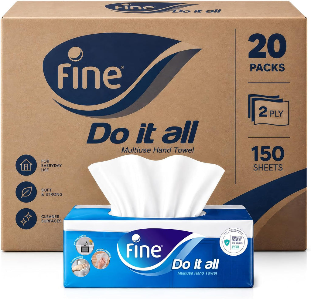 Fine Multipurpose Kitchen Paper Interfold Tissue Hand Towel, 150 X 2plys, 20 packs. — front product image