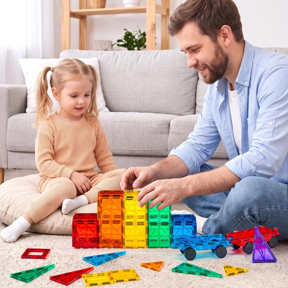 Gemmicc Deluxe Magnetic Tiles with 2 Cars — 136 Pieces — 136 Pieces
