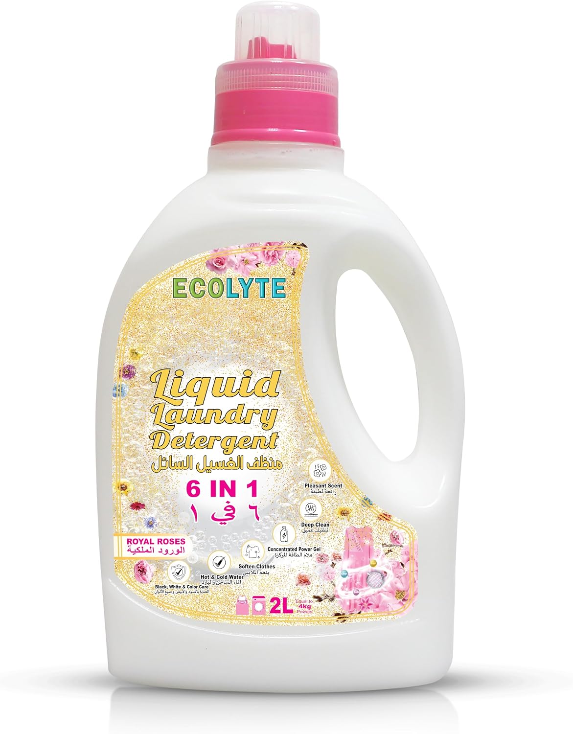 ECOLYTE+ Liquid Laundry Detergent for All Washing Machines, 6 in 1 Deep Clean Technology, Power Gel, Color Care, Perfect Cleanliness & Long-Lasting Freshness - (Royal Roses, 2 Liter) — front product image