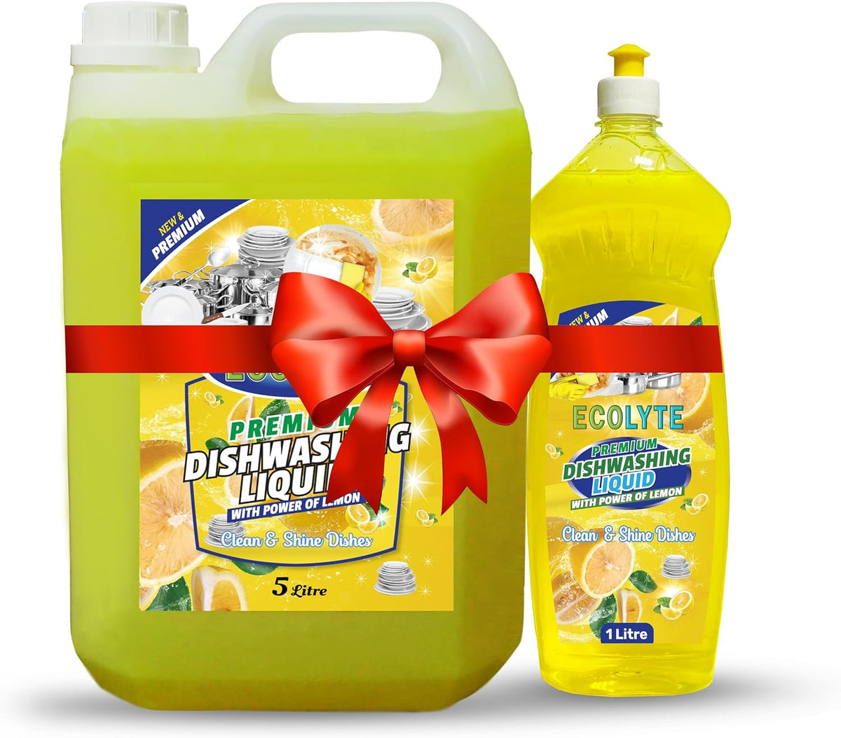ECOLYTE+ Dishwashing Liquid Soap, Platinum Antibacterial Detergent & Shine, All Purpose Cleaner, Leaves No Residue, Kitchen Cleaner, Removes Grease & Oil - (Lemon, 1 Liter & 5 Liter) — front product image