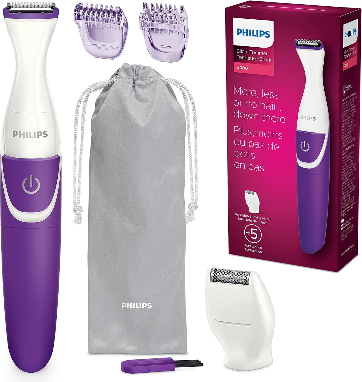 Philips Beauty Bikini Genie Cordless Trimmer for Bikini Line Hair Removal, with Shaving Head and Comb, BRT383/50 — Purple and White