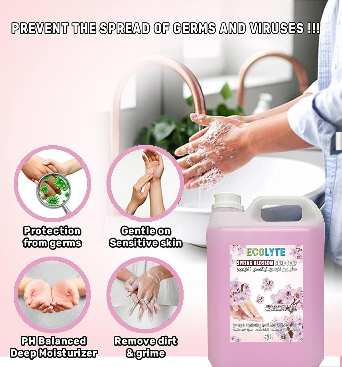ECOLYTE+ Disinfectant Ecolyte Premium Hand Wash Liquid Refill - 5 Liter - Spring Blossom - Effective Germ Protection — additional view 7