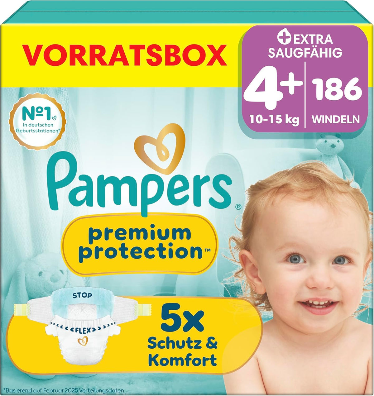 Pampers Premium Protection Size 4+, 186 Nappies, 10-15 kg