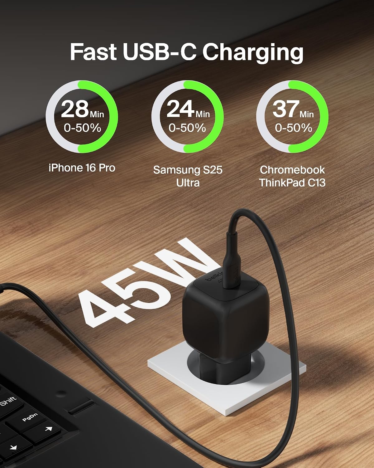 Belkin Compact USB Charger (45W) USB-C Power Delivery Fast Charging for Apple iPhone 16, 16 Plus, 16 Pro, 16 Pro Max, iPhone 15 Series, Samsung Galaxy S25, iPad, AirPods etc. - Black