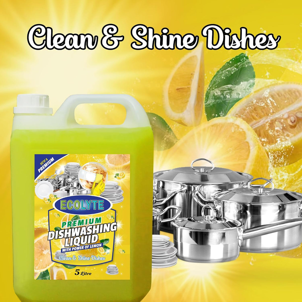 ECOLYTE+ Dishwashing Liquid Soap, Platinum Antibacterial Detergent & Perfect Shine, All Purpose Cleaner, Leaves No Residue, Kitchen Cleaner, Removes Grease & Oil - (Lemon, 5 Liter) — additional view 5