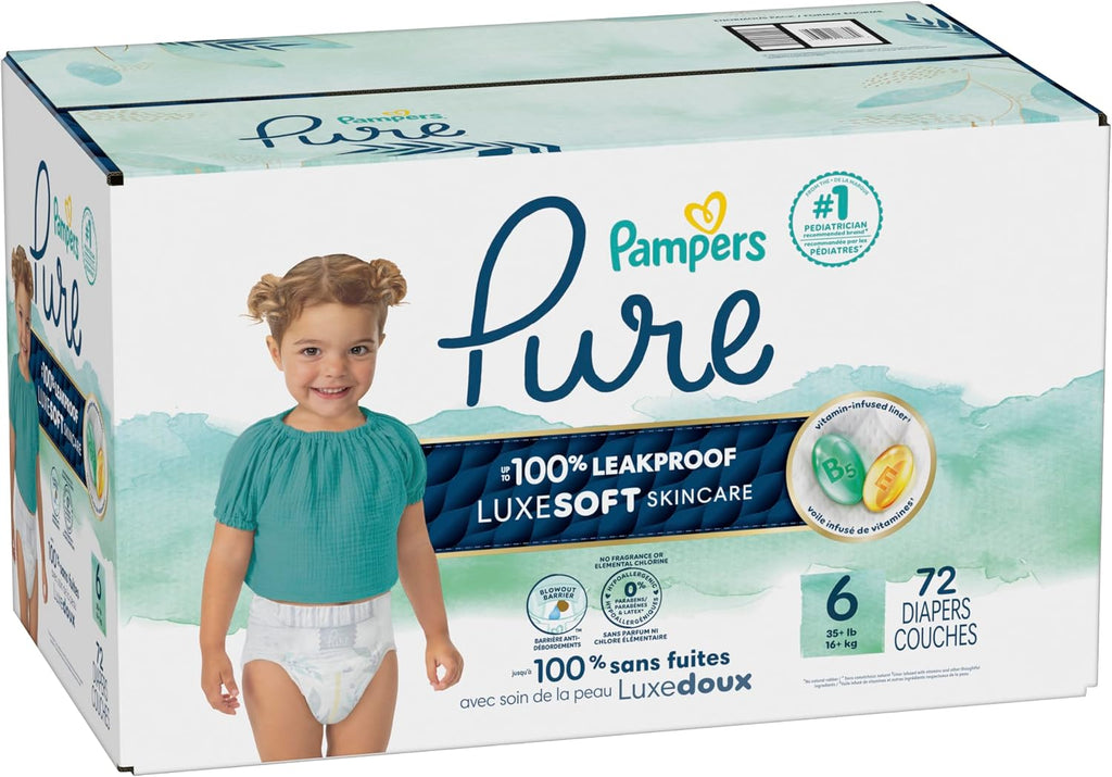 Pampers Pure Protection Diapers - Size 6, 72 Count, Hypoallergenic Premium Disposable Baby Diapers
