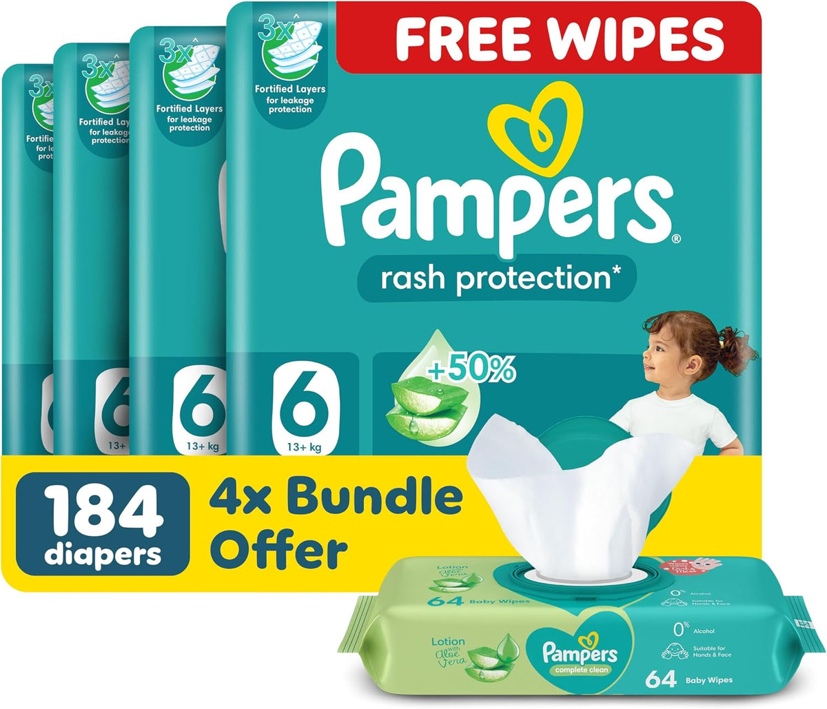 Pampers Rash Protection Taped Diapers, Size 6, 13+kg, Giant Pack, 184 Count + Baby Wipes, with Aloe Vera Lotion, 64 Wipe Count