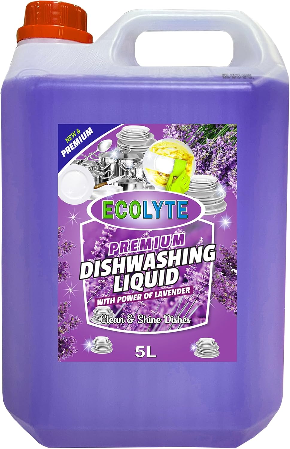 ECOLYTE+ Dishwashing Liquid Soap, Platinum Antibacterial Detergent & Perfect Shine (Lavender, 5 Liter) — front product image