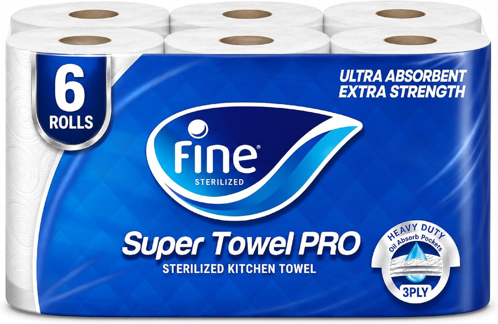 Fine Kitchen Super Towel Pro, 6 Rolls 60 Sheets x 3 Ply Paper Tissue. Packaging may vary — front product image