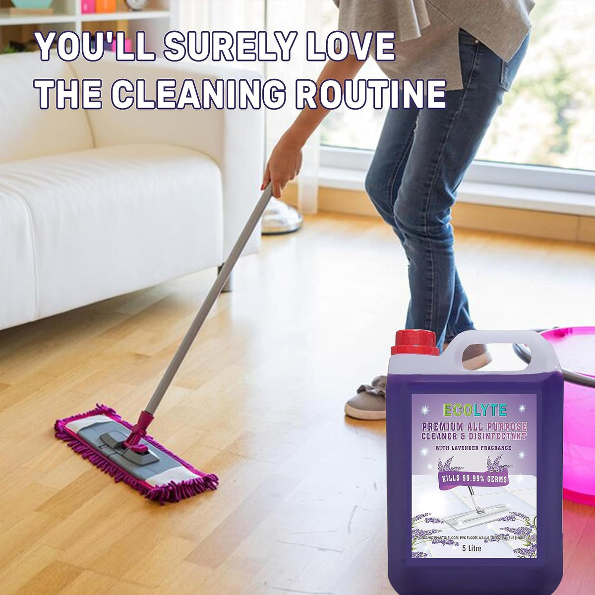 ECOLYTE+ Floor Cleaner, Premium All Purpose Cleaner Plus Disinfectant, for Hospital, Home, Office & Commercial Use for Dirt, Stains & Germs, Floor Cleaning (Lavender, 5 Liter) — additional view 5