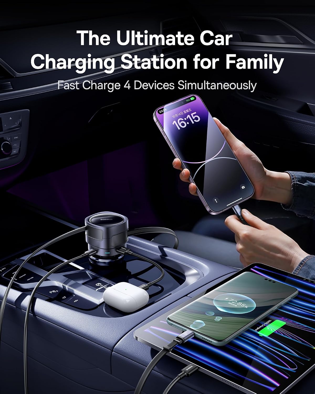Baseus Enjoyment Max 90W 4-in-1 Car Charger, Retractable USB-C & Lightning Cables, Dual USB-C + USB-A Ports, PD & QC 3.0, 180° Rotating Fast Charging Adapter — Black