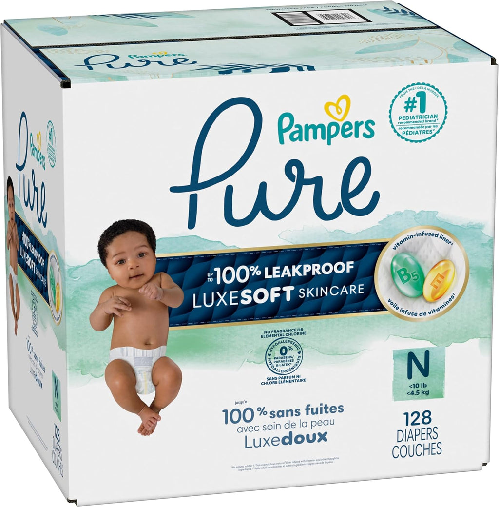 Pampers Diapers Size 0, 128 Count - Pure Protection Disposable Baby Diapers, Hypoallergenic and Unscented Protection, Enormous Pack (Packaging & Prints May Vary)