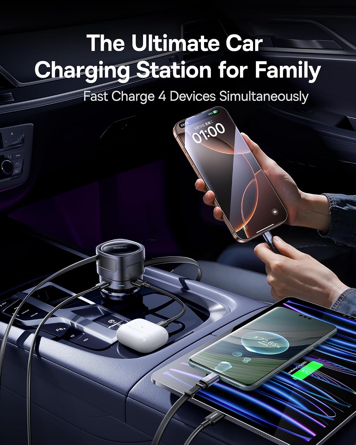 Baseus Enjoyment Max 90W Car Charger – Dual USB-C Ports with C+C & U+C Output, Fast Charging Adapter with USB-C Cable Included, PD/QC Support for Laptops