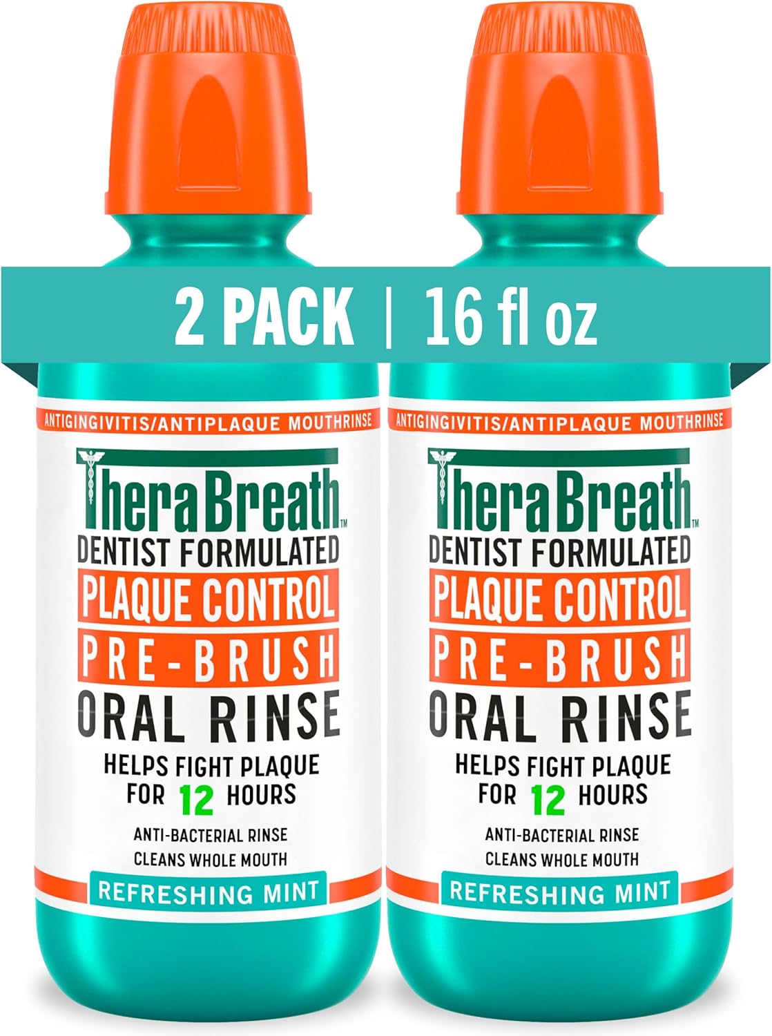 TheraBreath Plaque Control Pre-Brush Rinse, Refreshing Mint, 16 oz, 2-Pack — front product image