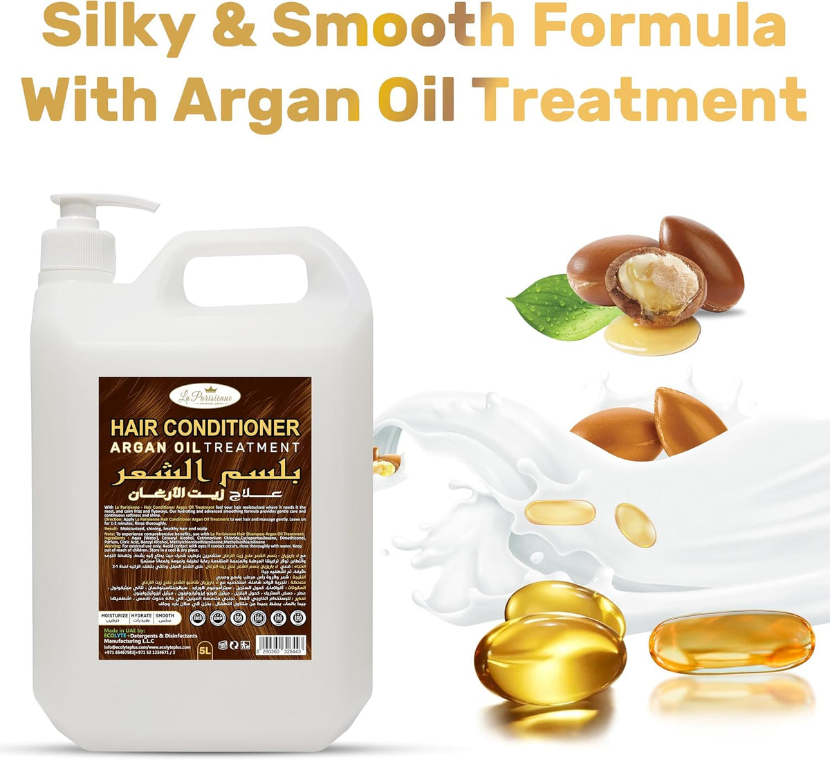 ECOLYTE+ Conditioner La Parisienne Premium Luxury, Smooth and Strong Hair, Repairs and Nourishes Dry Damaged Hair, Moisturizing, For Men and Women, (Argan Oil Treatment, 5 Liter) — additional view 3