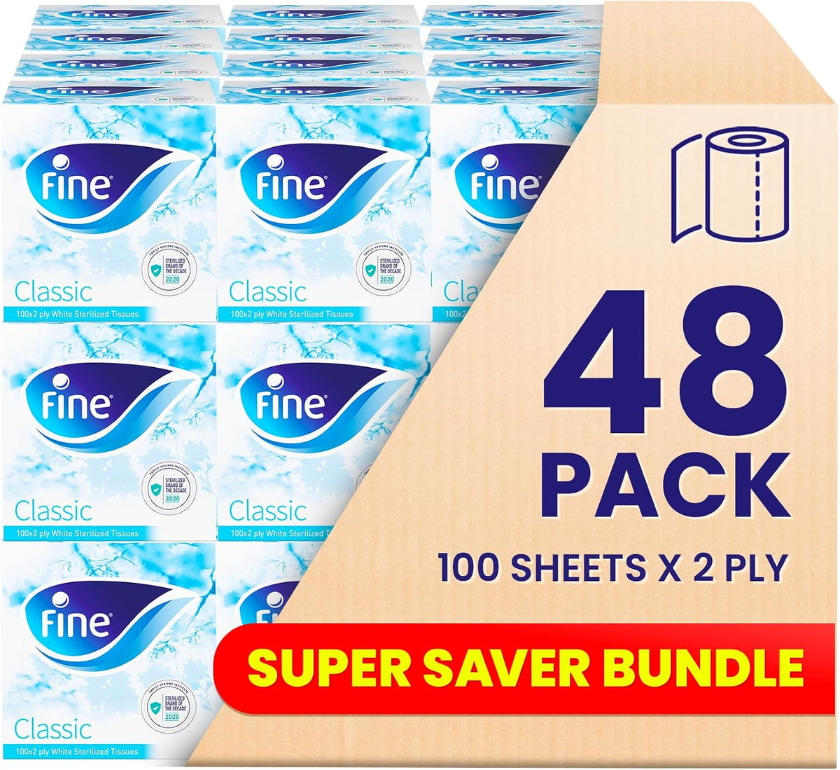 Fine Cubic Facial Tissue box, 48 packs of 100 sheets x 2 Ply — front product image
