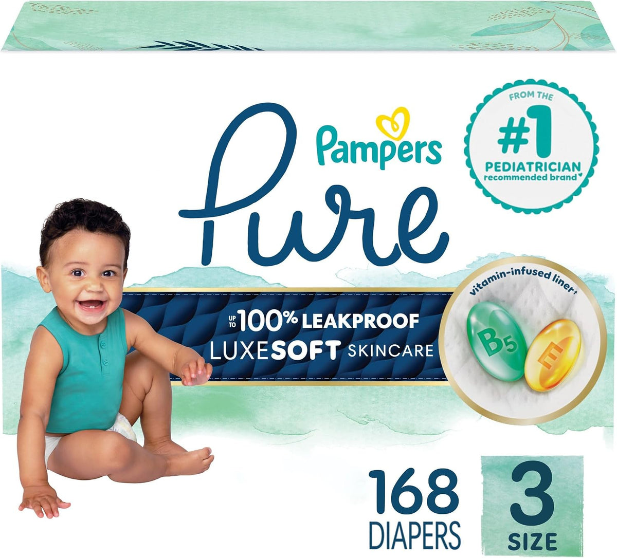 Pampers Pure Protection Diapers - Size 3, One Month Supply (168 Count), Hypoallergenic Premium Disposable Baby Diapers