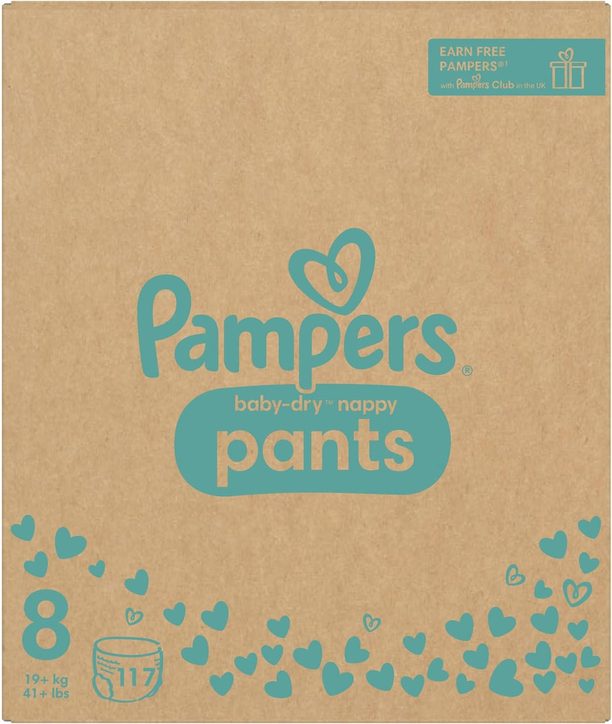 Pampers Baby-Dry Nappy Pants Size 8, 117 Nappies, 19kg+, Monthly Pack, 360° Fit To Help Prevent Gaps And Leaks