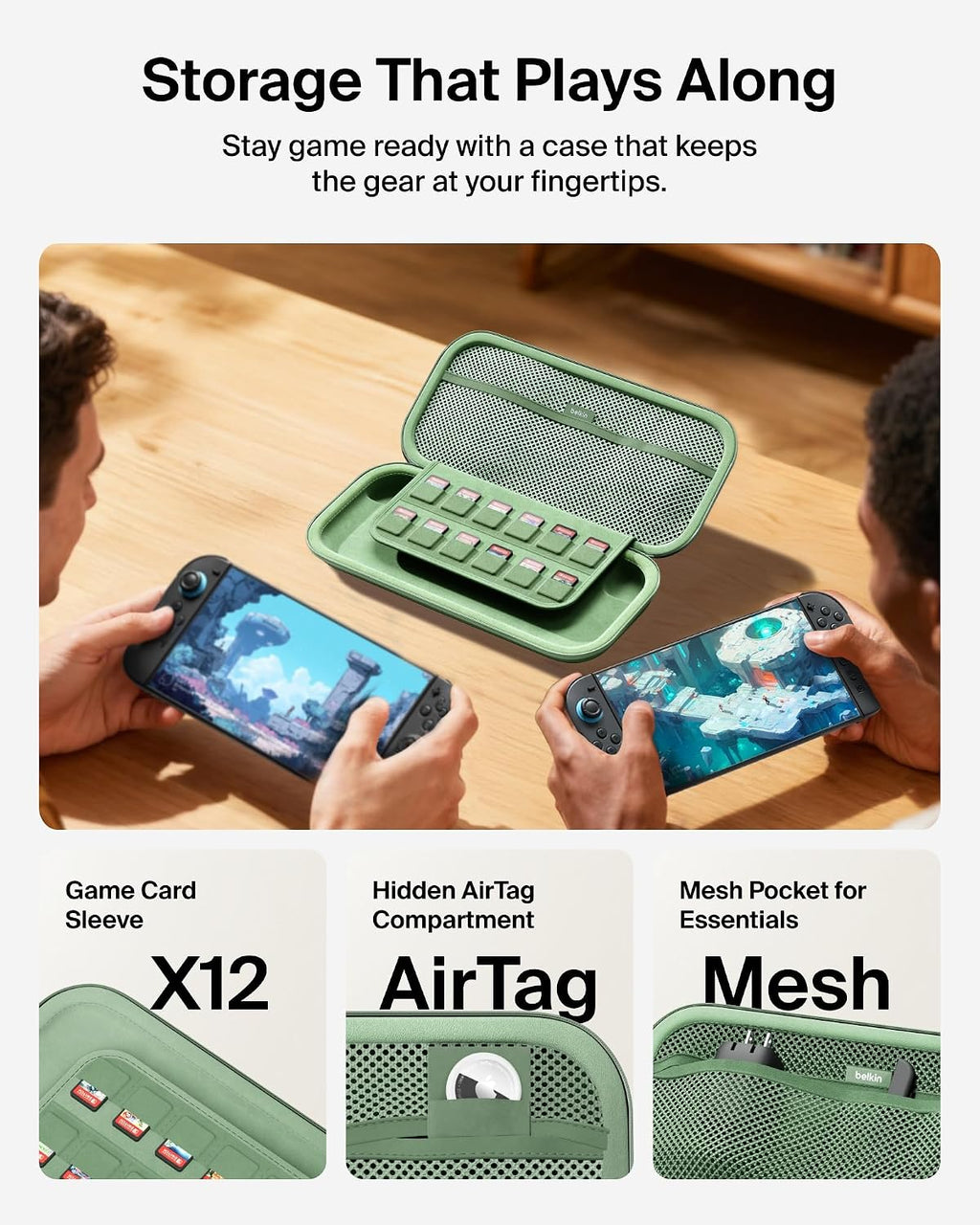 Belkin Nintendo Switch 2 Case Travel Bag w/AirTag Holder & Game Card Storage Pocket - Portable Lightweight Protective Carrying Case w/Hard Shell & Soft Interior, Gaming Travel Essentials - Sage