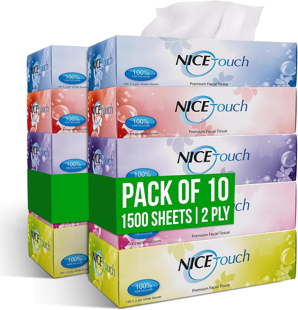 Nice Touch 2-Ply Facial Tissue Box – Pack of 10 – 1500 Soft & Fluffy Facial Tissue Sheets — front product image