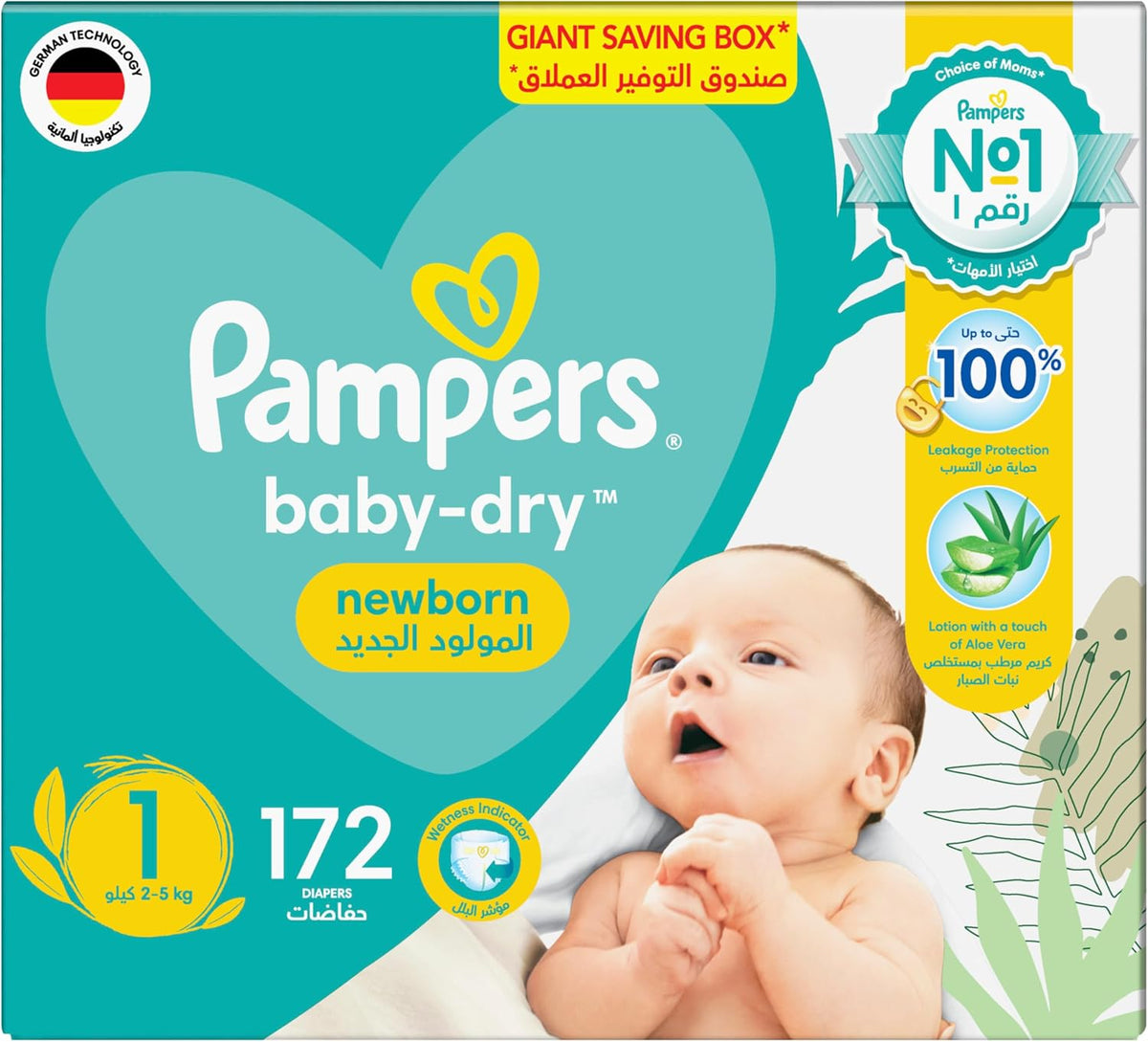 Pampers Baby-Dry Newborn Taped Diapers with Aloe Vera Lotion, up to 100% Leakage Protection, Size 1, 2-5kg, Giant Box, 172 Count