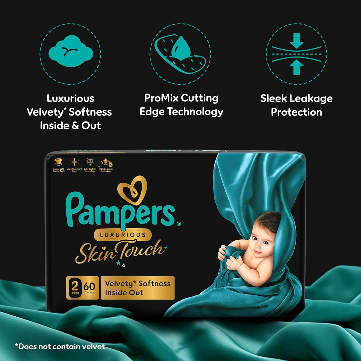 Pampers Luxurious Skin Touch Premium Diapers Size 2, 3-8kg, 60 for Infants (Pack of 2)