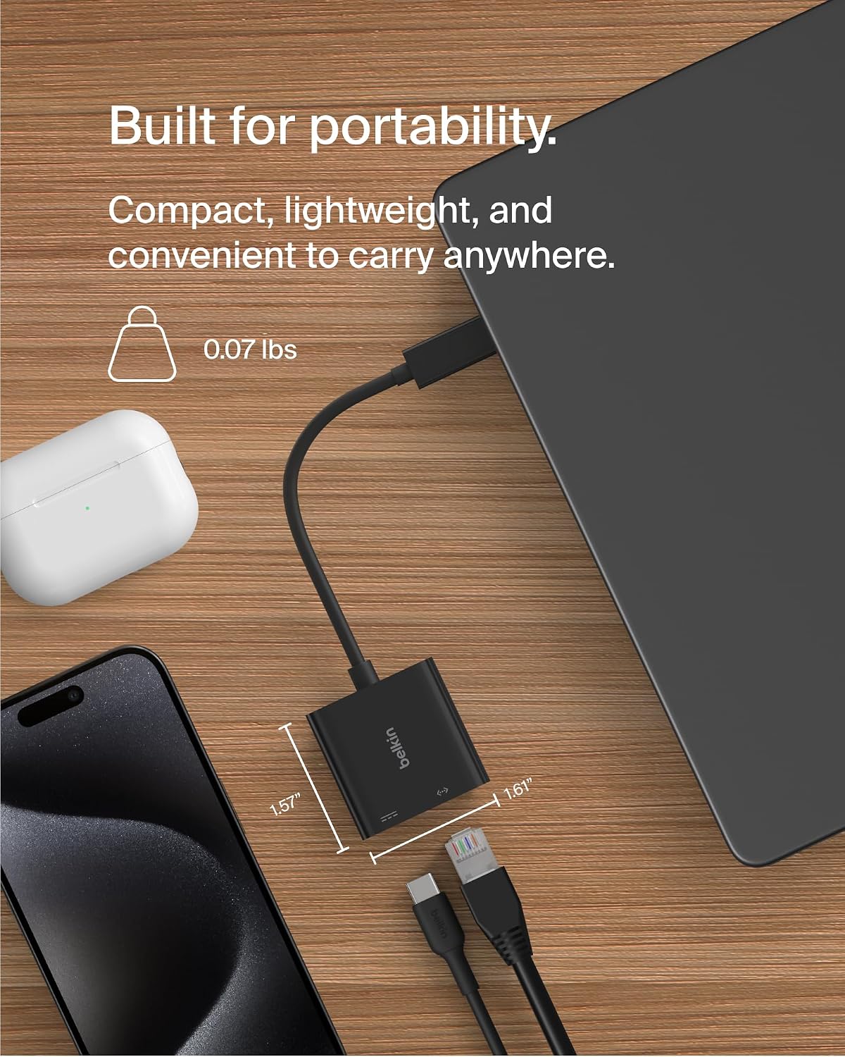Belkin Connect USB-C to Ethernet + Charge Adapter 100W w/ Gigabit Ethernet Port and USB-C Port - [10/100/1000] Mbps for Fast Internet Connection - Compatible with iPhone 16, 15, Galaxy S24 & More
