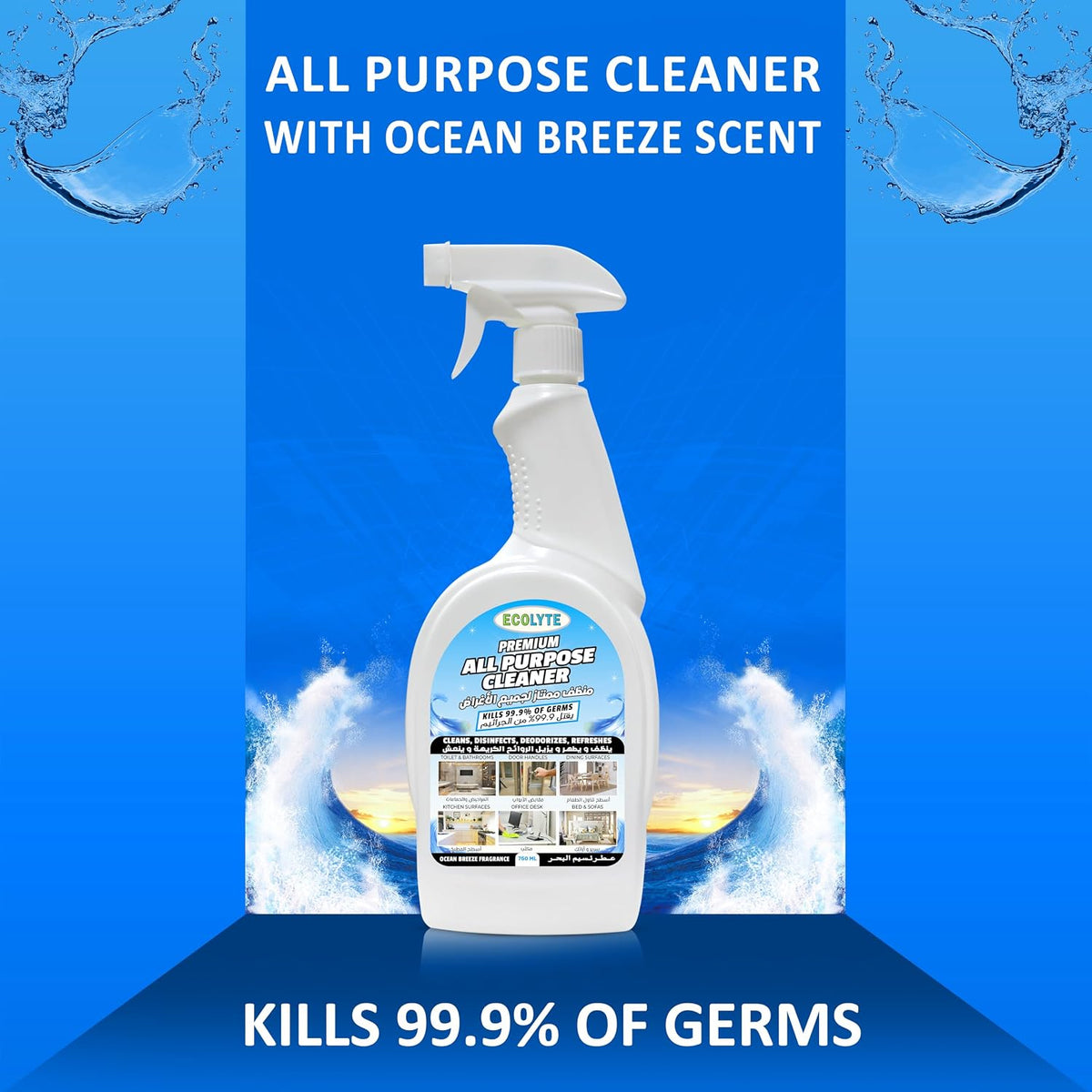 ECOLYTE+ All Purpose Cleaner, Premium for 100% Removal of Dirt, Cleans, Disinfects, Deodorizes & Refreshes, Kills 99.9% Germs, Trigger Spray Bottle – (Ocean Breeze, 750ml) — additional view 3